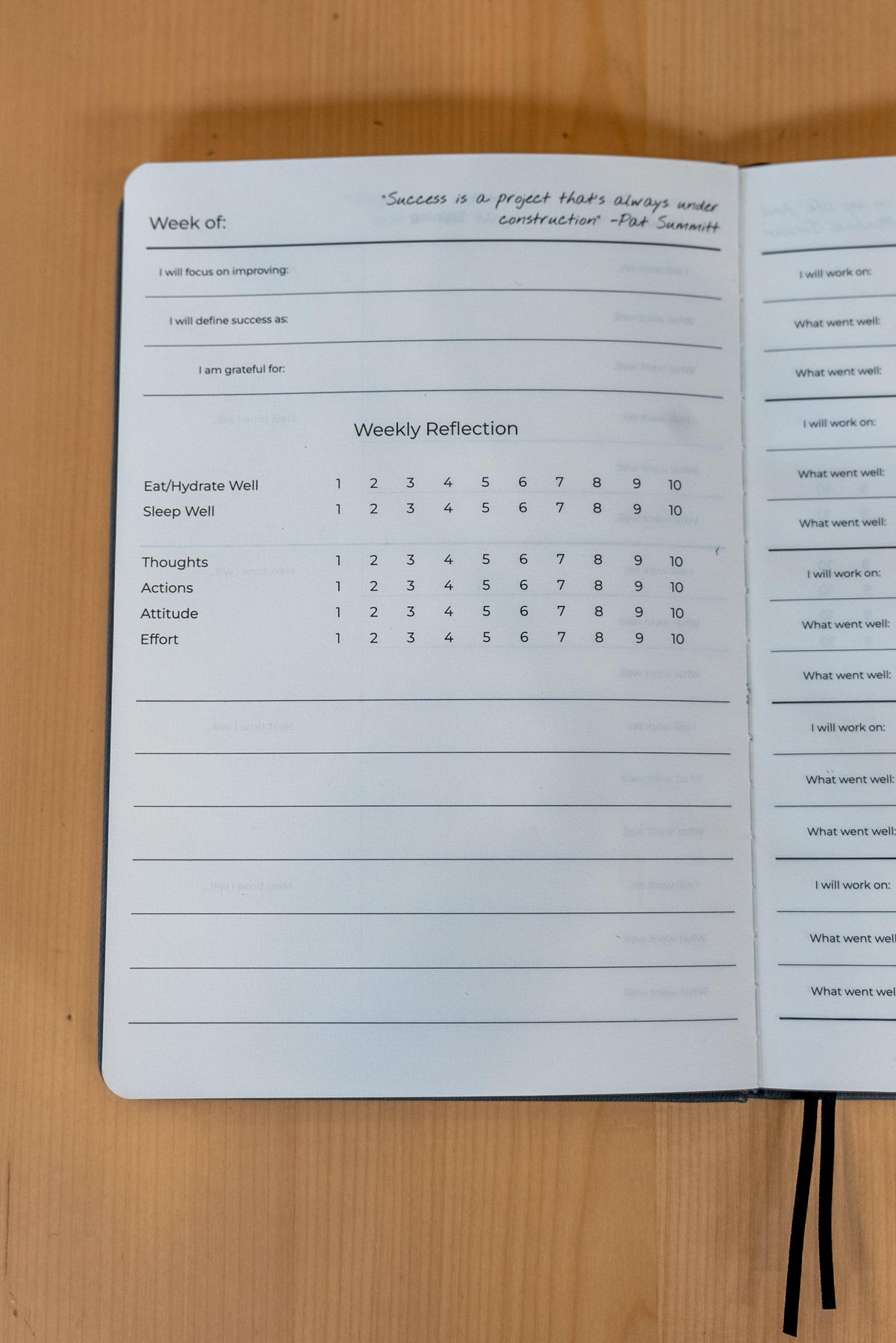 Close-up of The Player's Notebook by balancetms, showing its textured cover and lined pages for game planning and note-taking.